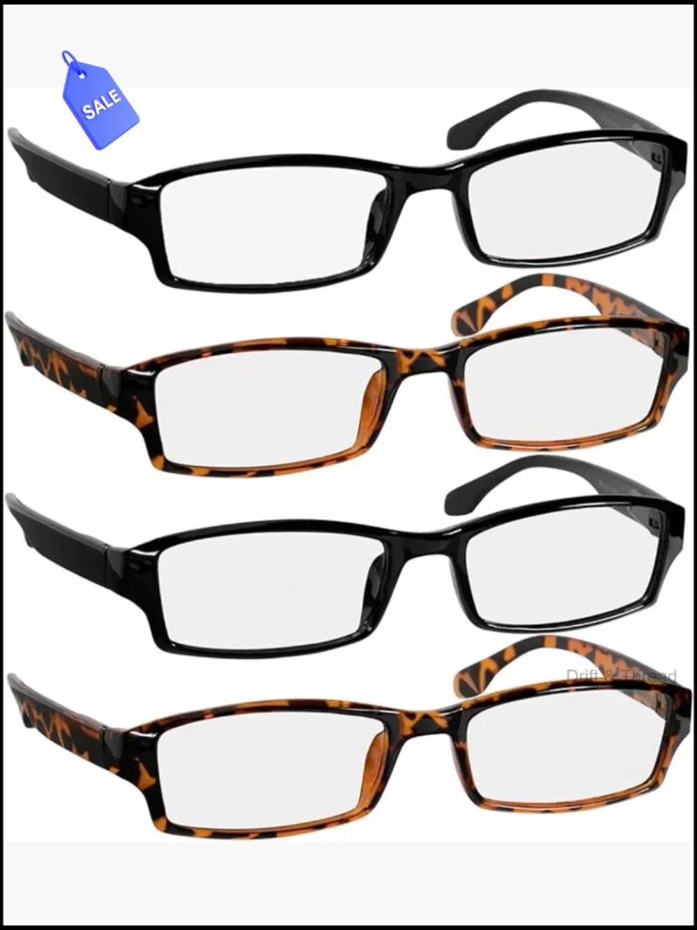 Rectangular Reading Glasses with Spring Hinges, Lightweight Polycarbonate